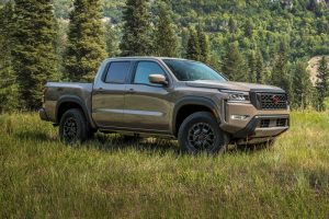 A 2022 Frontier in Baja Storm Pearl in a grass field in the woods.