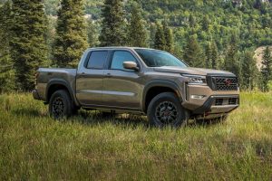 A 2022 Frontier in Baja Storm Pearl in a grass field in the woods. 