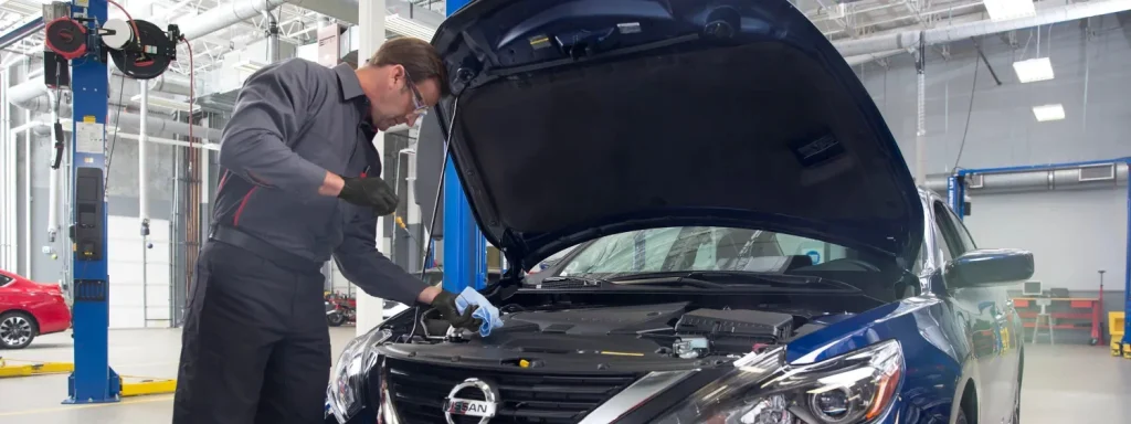 Technician servicing vehicle engine bay.